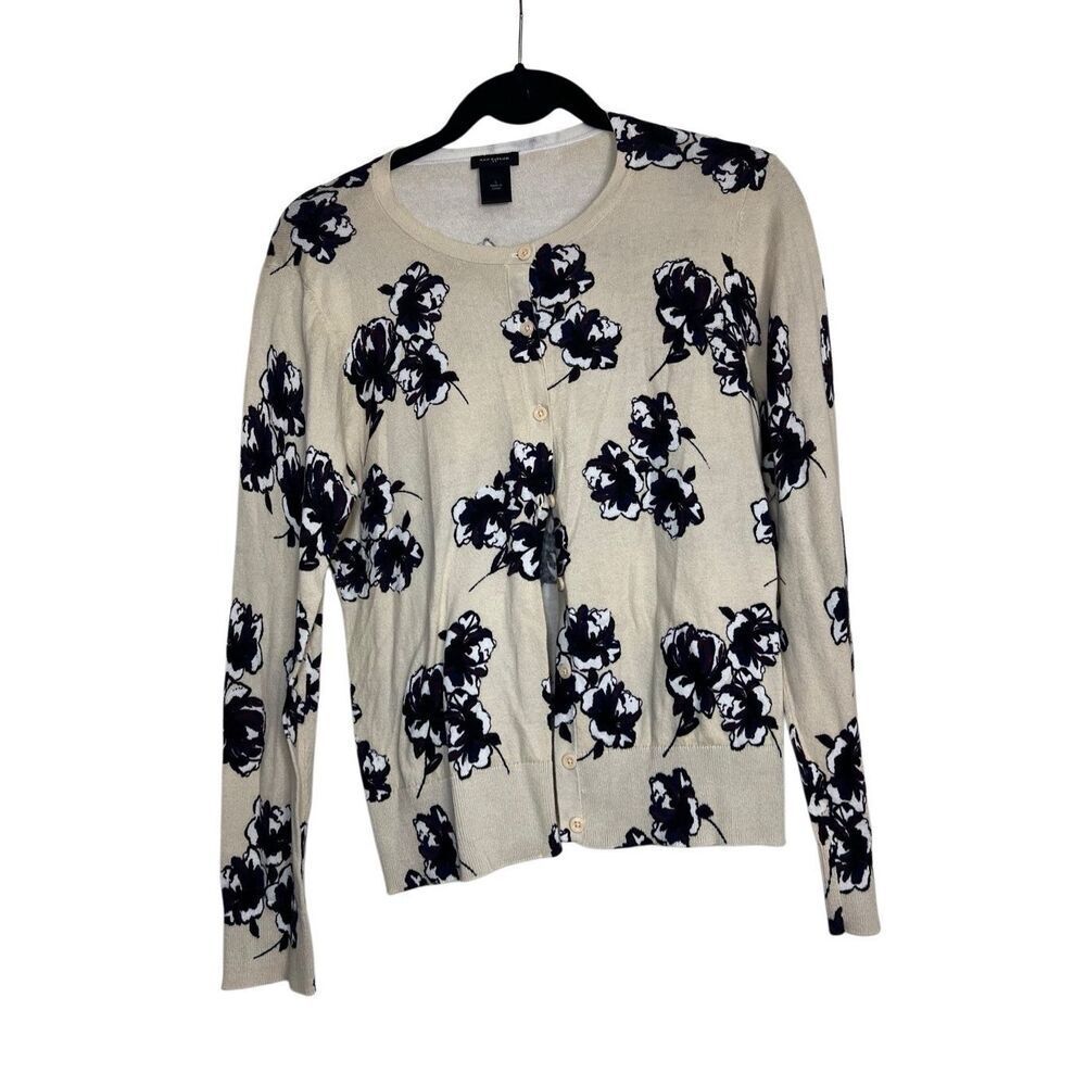 Ann Taylor Sweater Womens Large Cream Black Floral Cardigan Knit Crew Neck
